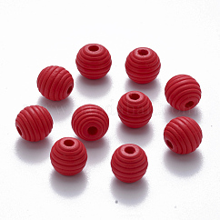 Painted Natural Wood Beehive Beads, Round, Red, 12x11mm, Hole: 3.5mm