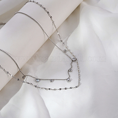 Light Luxury Stainless Steel Pave Clear Cubic Zirconia Flat Round Tassel Double Layer Necklaces for Women Daily Wear, Silver, 16.54 inch(42cm)