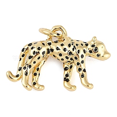 Rack Plating Brass Enamel Pendants, with Jump Ring, Long-Lasting Plated, Cadmium Free & Lead Free, Real 18K Gold Plated, Leopard Charm, Black, 14x20x5.5mm, Hole: 3mm
