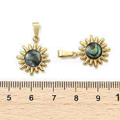 天然パウアシェルペンダント  304ステンレススチール製ベゼル付き太陽チャーム  ゴールドカラー  18.5x15.5x6mm  穴：6x2mm&nbsp;PALLOY-JF05606-01