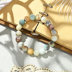 ナチュラルフラワーアマゾナイトビーズストレッチブレスレット  合金パーツ  ラウンドと仏頭  三角パッキン  アンティークシルバー  2-1/4インチ（5.6cm）  バッグ：12x8.5x3センチメートル&nbsp;BJEW-JB03849-02