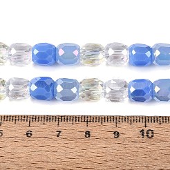 電気メッキ加工を施した様々なスタイルのガラスビーズの連  コラム  多面カット  コーンフラワーブルー  8~8.5x8~8.5mm  穴：1.2~1.5mm  約45~48個/連  14.96~16.14インチ（38~41cm）&nbsp;EGLA-N022-13A-A06