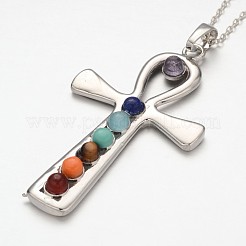 Platinum Plated Vintage Chakra Jewelry Brass Gemstone Cross Pendant Necklaces&nbsp;NJEW-JN01155-02