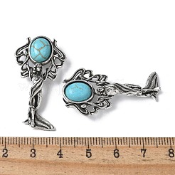 天使の真鍮合成ターコイズペンダント  丸カン付き  アンティークシルバー  38x19.5x7.5~9.5mm  穴：2x6.5mm&nbsp;KK-D361-02AS-13