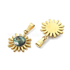 天然パウアシェルペンダント  304ステンレススチール製ベゼル付き太陽チャーム  ゴールドカラー  18.5x15.5x6mm  穴：6x2mm&nbsp;PALLOY-JF05606-01