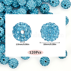 120個の舗装ディスコボールビーズ  樹脂粘土ラインストーンビーズ  ラウンド  アクアマリン  10mm  穴：1.5mm  pp13（1.9~2mm）  6列ラインストーン&nbsp;RB-SC0004-84B