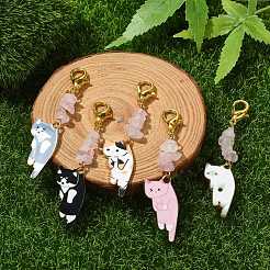 猫の形の合金エナメルペンダント装飾  亜鉛合金カニカンと天然ローズクォーツチップ付き  ミックスカラー  65~67mm&nbsp;HJEW-JM01769