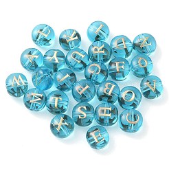 透明ガラスビーズ26個  アルファベットa〜zのフラットラウンド  ディープスカイブルー  8x7.5x6.5mm  穴：1.5mm&nbsp;GLAA-Q001-05A