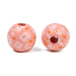 プリントウッドヨーロピアンビーズ  花模様の丸  大穴ビーズ  ライトサーモン  15.5~16x14.5~15mm  穴：4.5mm&nbsp;WOOD-G029-06F