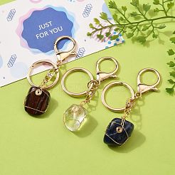 ワイヤーラップされた天然宝石のキーホルダー  金メッキの合金スイベルクラスプと鉄のスプリットキーリング付き  ナゲット  ミックスカラー  90~93.5mm&nbsp;KEYC-JKC00226
