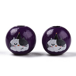 ハロウィーンテーマの木製ヨーロッパビーズ  プリントされた大穴ビーズ  ラウンド  インディゴ  猫の形  15.5~16.5mm  穴：3.5~4.5mm&nbsp;WOOD-N016-04M