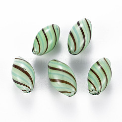不透明な手作り吹きガラスグローブビーズ  縞模様  ライス  薄緑  17.5~19x10mm  穴：1~2mm&nbsp;GLAA-T012-07