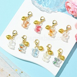 クマの手作りランプワークと合金のハートペンダント装飾  バッグの飾り用のロブスター クロー クラスプ チャーム  ミックスカラー  35.5mm  9個/セット&nbsp;HJEW-JM02816