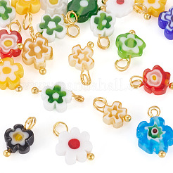 20個の手作りミルフィオリガラスチャーム  花  真鍮のループ付き  ミックスカラー  10~12x7~9x3~3.5mm  穴：1.8~2mm&nbsp;PALLOY-TADJ00004