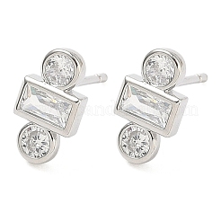 Rectangle with Flat Round Brass Micro Pave Clear Cubic Zirconia Stud Earrings&nbsp;EJEW-G452-12P