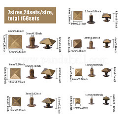 168セット7スタイルの合金リベット釘セット  ベルトストラップバッグシューズデコレーション用DIYレザークラフトメタルリベット  正方形  アンティークブロンズ  5~12x5~12x3.2~6mm  穴：1.7~3mm  24セット/スタイル&nbsp;FIND-CA0010-77AB