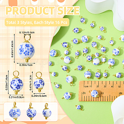 48個 3スタイルのプリントハンドメイド磁器ペンダント  真鍮パーツ  ゴールドカラー  13~16mm  穴：3mm  16個/スタイル&nbsp;PALLOY-SW00150