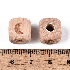 刻まれたブナの木のビーズ  染色されていない  キューブ  ムーン  12x12x12mm  穴：4~4.5mm&nbsp;WOOD-N015-08B
