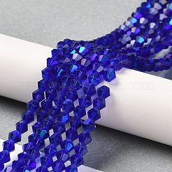 透明電気メッキガラスビーズ連売り  ABカラーメッキ  多面カット  双円錐形  ダークブルー  4x4mm  穴：0.8~1mm  約75~78個/連  28~29cm&nbsp;GLAA-F029-4mm-D06