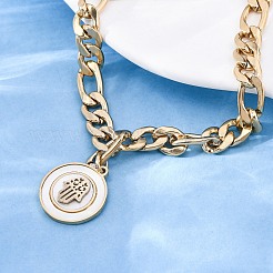 304ステンレススチールフラットラウンドハムサハンドチャームブレスレット  女性用カーブチェーンブレスレット  シェルと  イオンプレーティング（ip）  ゴールドカラー  6-7/8インチ（17.6cm）&nbsp;BJEW-A036-13G-02