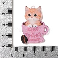 不透明なプリントアクリルパーツ  コーヒーカップと猫の形をしたチャーム  砂茶色  34.5x25x2mm  穴：1.6mm&nbsp;X-SACR-F017-04A