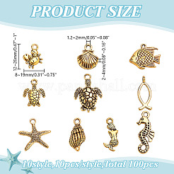 100個 10スタイル オーシャンシリーズ チベットスタイル 合金ペンダント  混合図形  12~26x9~21x2~4mm  穴：1.5~2mm&nbsp;FIND-AR0005-87