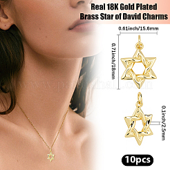 真鍮製ペンダント10個  ダビデの星  丸カン付き  18KGP本金メッキ  18x13.5x2.5mm  穴：3.5mm&nbsp;KK-BBC0023-01