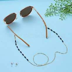 眼鏡チェーン  眼鏡用ネックストラップ  染色された天然のラピスラズリのビーズ  304ステンレススチール製ロブスタークロウ留め金  真鍮製のペーパークリップチェーンとゴム製のループエンド  28.14インチ〜28.34インチ（71.5~72cm）&nbsp;AJEW-EH00036-03