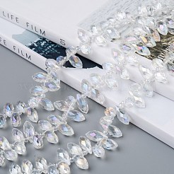 クリスタルガラスビーズ連売り  トップドリルビーズ  多面カット  ティアドロップ  透明  13x6mm  穴：1mm  約90~95個/連  16~18インチ&nbsp;GLAA-D033-01