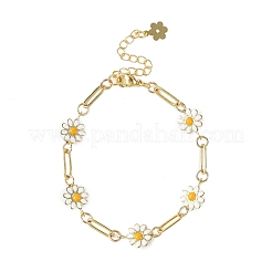真鍮エナメルフラワーリンクチェーンブレスレット（女性用）  ゴールドカラー  ホワイト  6.85インチ（17.4cm）&nbsp;BJEW-JB14167-01