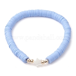 Handmade Polymer Clay with Natural Trochid Shell/Trochus Shell Beaded Stretch Bracelets for Women&nbsp;BJEW-JB10203-02