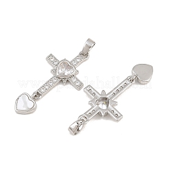 真鍮マイクロパヴェクリアキュービックジルコニアペンダント  アクリルと  ハートチャーム付きクロス  プラチナ  31x15x3mm  穴：5x3mm&nbsp;CU-CBAA571-14P