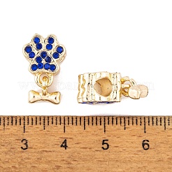 ラック メッキ 合金 ラインストーン ヨーロピアン ダングル チャーム  犬の骨の付いた足跡の大きな穴のペンダント  ゴールドカラー  カプリブルー  17.5mm  骨：7x8x2.5mm  穴：4.5mm&nbsp;FIND-C055-19G-03