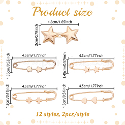 24個 5スタイル 合金製安全ピンブローチ ボタンピン  腰締め  衣料品の留め具の縫製  混合図形  44.5~45.5x12~14.5x4.5~5mm&nbsp;JEWB-HY0001-37