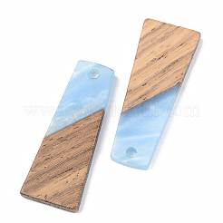 不透明な樹脂とクルミ材のペンダント  台形  コーンフラワーブルー  30x12x3mm  穴：2mm&nbsp;LS-X-RESI-S389-040A-C01