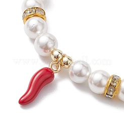 8mm ラウンドシェルパールビーズストレッチブレスレット  女性用チリペッパー合金エナメルチャームブレスレット  貝殻色  内径：2-1/8インチ（5.5cm）  唐辛子: 21x6x6mm  ビーズ：8mm&nbsp;BJEW-JB10241