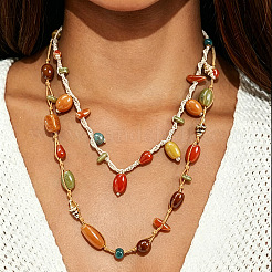 Handmade Porcelain Barrel Beads Jute Cord Double Layer Necklaces for Women&nbsp;WGBAB4D-01