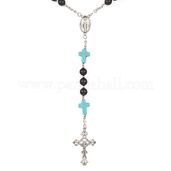 Synthetic Turquoise & Wood Rosary Bead Necklace&nbsp;NJEW-JN04431-01