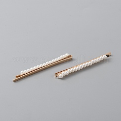 合金鉄プラスチックパールビーズヘアボビーピン  女の子のためのヘアアクセサリー  ゴールドカラー  69x4.5x8mm&nbsp;FIND-WH0101-04E