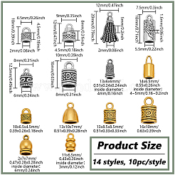 140 個 14 スタイルのチベットスタイル合金コードエンド  カドミウムフリー＆鉛フリー  混合図形  アンティークシルバー＆アンティーク金色  10~20x6.5~12x4.5~8.5mm  穴：1.5~4mm  10個/スタイル&nbsp;FIND-PH0025-78