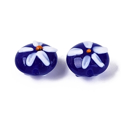 手作りランプワークビーズ  花柄とフラットラウンド  ダークブルー  14~15x10~12mm  穴：0.8~1.2mm&nbsp;LAMP-Q039-09G