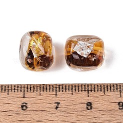 手作りのゴールド＆シルバーの箔ガラスビーズ  長方形  多面カット  ゴールデンロッド  11~12x10~11x10~11mm  穴：1~1.5mm&nbsp;FOIL-Q003-01I