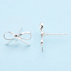 真鍮製スタッドピアスパーツ  カン付き  蝶結び  ニッケルフリー  銀  8~10x15mm  穴：1.2mm  ピン：0.7mm。&nbsp;LS-X-KK-S350-013S