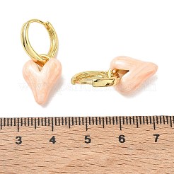 真鍮エナメル製ダングルフープピアス（女性用）  ハート  長持ちメッキ  ラックめっき  鉛フリー＆カドミウムフリー  ゴールドカラー  桃パフ  27x12mm&nbsp;KK-CBA760A-06G-01