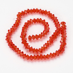 カット加工ダブルコーン透明ガラスビーズ連売り  レッド  5x3mm  穴：1mm  約99個/連  11.8インチ&nbsp;GLAA-J082-A16