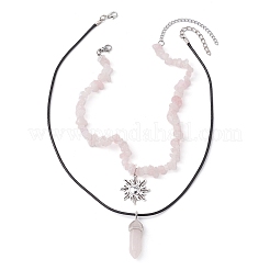 2Pcs 2 Style Natural Rose Quartz Bullet & Alloy Sun Pendant Necklaces Set&nbsp;NJEW-JN04514-04