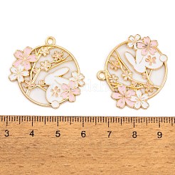 メッキ合金エナメルチャームラック  ゴールドカラー  ウサギと花のチャームが付いたフラットラウンド  ミスティローズ  28.5x30x1.5mm  穴：2mm&nbsp;FIND-A040-05B-03G