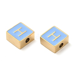 304ステンレススチールエナメルビーズ  14KGP本金メッキ  文字のある正方形  文字h  8x8x4mm  穴：2mm&nbsp;STAS-L022-293G-H