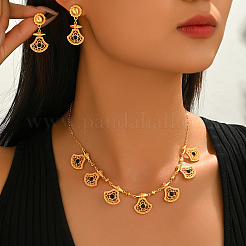 Ethnic Style Brass Micro Pave Cubic Zirconia Filigree Fan Pendant Necklace & Stud Earrings Sets for Women&nbsp;KU3704