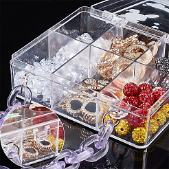 ポリスチレンプラスチックビーズ容器4個  ミディアム パープル チェーンと 6 グリッド  ジュエリービーズ用小さなアクセサリー  バッグの形  透明  10.2x10.5x3.15cm&nbsp;CON-PH0002-77